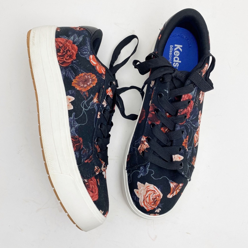 Keds Park Black Rose Floral Platform Sneakers Womens 8.5